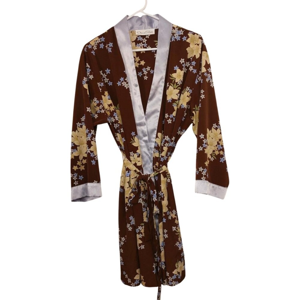 Oscar De La Renta Knee Length Satin Kimono Style Brown Floral Print Robe
